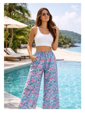Margaritaville Large Pink Tropical Parrot Print Wide Leg Pull On Pants Palazzo